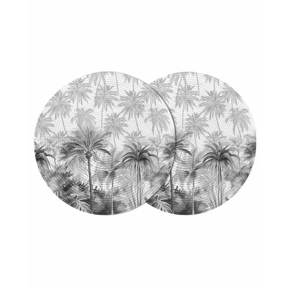 Summer Tropical Leaves Round 13 Inch Placemats Set of 2, Gray Palm Trees Botanical HeatResistant Non Slip Place Mats for Dining Table, Wipeable Braided Kitchen Table Mats for Housewarming