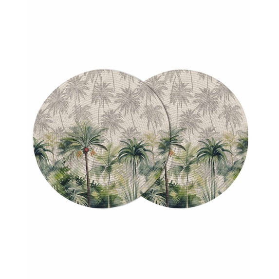 Summer Tropical Leaves Round 13 Inch Placemats Set of 2, Green Palm Trees Botanical HeatResistant Non Slip Place Mats for Dining Table, Wipeable Braided Kitchen Table Mats for Housewarming