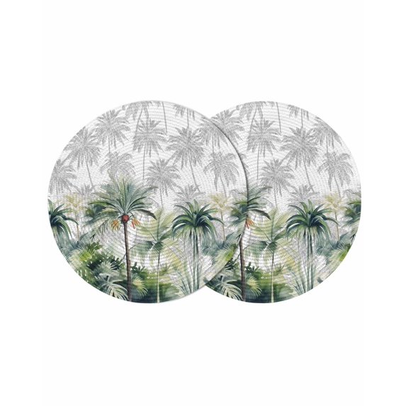Summer Tropical Leaves Round 15 Inch Placemats Set of 2, Green Botanical Palm Trees HeatResistant Non Slip Place Mats for Dining Table, Wipeable Braided Kitchen Table Mats for Housewarming