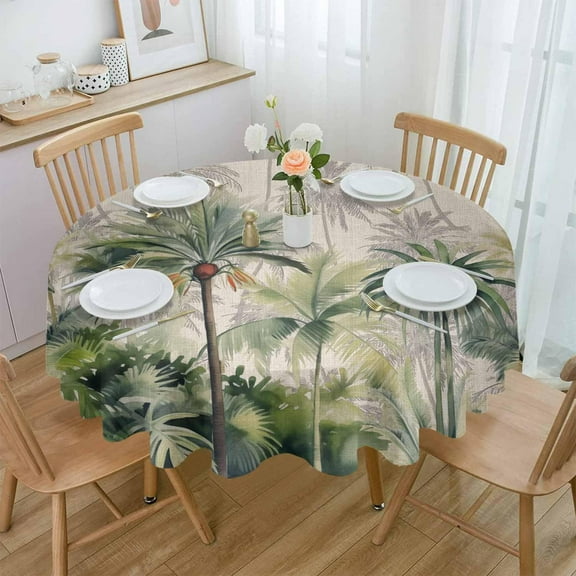 Summer Tropical Leaves Round Tablecloth 60 Inch - Waterproof Fabric Table Cloth Protector, Green Palm Trees Botanical Tablecloths Washable Table Cover for Kitchen Banquet Coffee Table Party