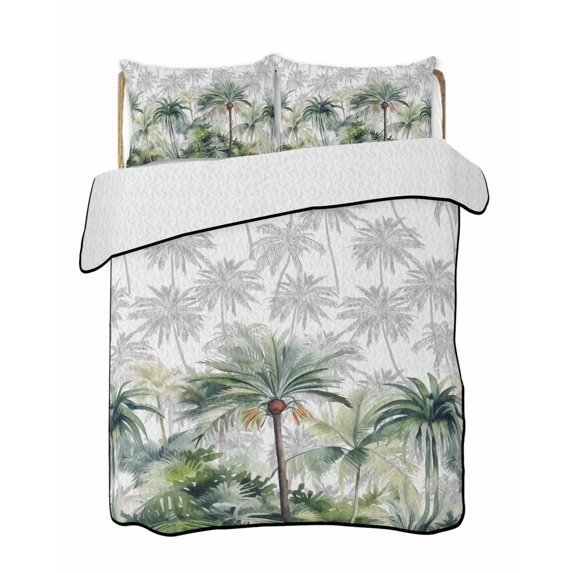 Summer Tropical Leaves Summer Quilt Set Full Size, Soft Microfiber Quilted Bedding Set with 2 Pillow Shams, Green Botanical Palm Trees Lightweight All Season Bedspread Coverlet for Bedroom 78"x90"