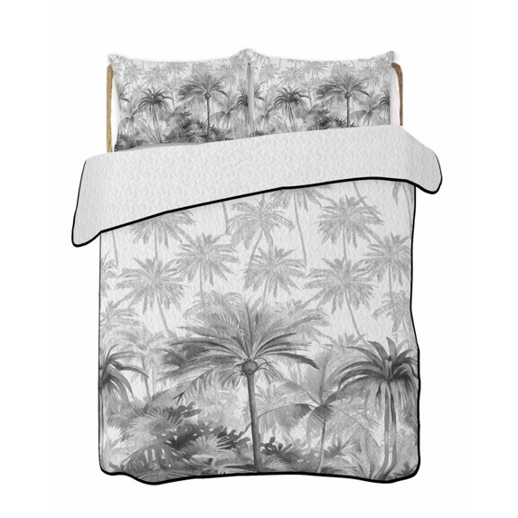 Summer Tropical Leaves Summer Quilt Set Twin Size, Soft Microfiber Quilted Bedding Set with 2 Pillow Shams, Gray Palm Trees Botanical Lightweight All Season Bedspread Coverlet for Bedroom 68"x86"