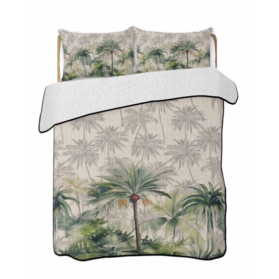 Summer Tropical Leaves Summer Quilt Set Twin XL Size, Soft Microfiber Quilted Bedding Set with 2 Pillow Shams, Green Palm Trees Botanical Lightweight All Season Bedspread Coverlet for Bedroom 68"x98"