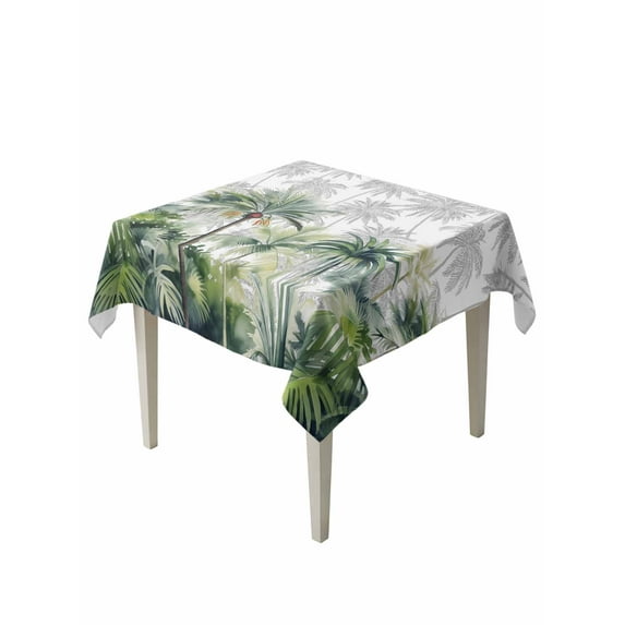 Summer Tropical Leaves Table Cloth, Green Botanical Palm Trees Waterproof Tablecloth for Square Tables, Reusable Washable Fabric Table Cover for Restaurant Kitchen Dining Tables 60"x60"