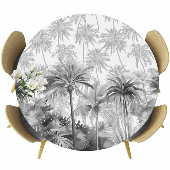 Summer Tropical Leaves Table Cloth, Round Fitted Tablecloths with Elastic Edge, Gray Palm Trees Botanical Wipeable Waterproof Table Cover for Kitchen Wedding 55-60 Inches