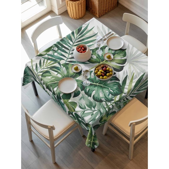 Summer Tropical Leaves Tablecloth Square Table Cloth 54x54, Waterproof Outdoor Table Cloth Covers Decorative Table Protector, Botanical Green Palm Washable Table Cover for Kitchen Dinning Party