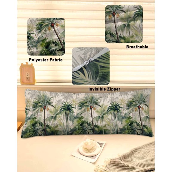 Summer Tropical Leaves Throw Pillow Covers, Green Palm Trees Botanical Soft Breathable Pillow Cases with Invisible Zipper for Sleeping, Long Body Pillowcases for Couch Bed Sofa Chair 20x54 Inches