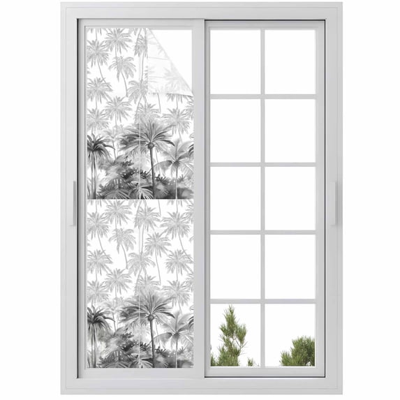 Summer Tropical Leaves Window Privacy Film, Gray Palm Trees Botanical Static Cling UV Sun Blocking Heat Control Window Tint Day and Night, Non-Adhesive One Way Windows Privacy Cover 17.7''x78.7''