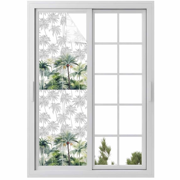 Summer Tropical Leaves Window Privacy Film, Green Botanical Palm Trees Static Cling UV Sun Blocking Heat Control Window Tint Day and Night, Non-Adhesive One Way Windows Privacy Cover 17.7''x78.7''