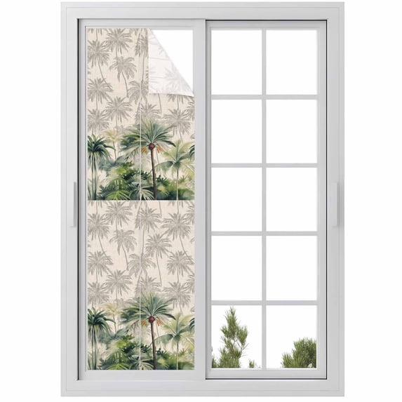 Summer Tropical Leaves Window Privacy Film, Green Palm Trees Botanical Static Cling UV Sun Blocking Heat Control Window Tint Day and Night, Non-Adhesive One Way Windows Privacy Cover 17.7''x78.7''