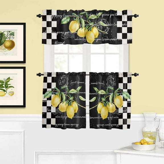 Summer Tropical Lemon 3-Piece Kitchen Curtain Set, Rod Pocket Kitchen Curtain Valance and Tiers Set, Washable Drape Window Treatment Set, Black White Buffalo Plaid