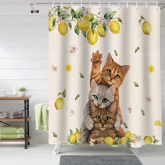 Summer Tropical Lemon Shower Curtain, Farm Lovely Cats Shower Curtain Set with Hooks, Spring Summer Waterproof Fabric Shower Curtains for Bathroom Decor, 72x72 Inch Bath Curtain