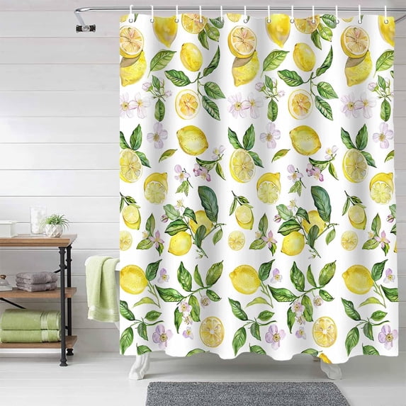 Summer Tropical Lemon Shower Curtain, Yellow Plant Shower Curtain Set with Hooks, Spring Summer Waterproof Fabric Shower Curtains for Bathroom Decor, 72x72 Inch Bath Curtain