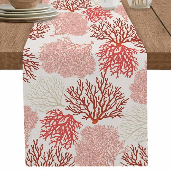 Summer Tropical Orange Coral Table Runner-70 Inch Long Ocean Nautical Seaweed Table Runners Linen Burlap Tablerunner for Kitchen Dining Room Holiday Party