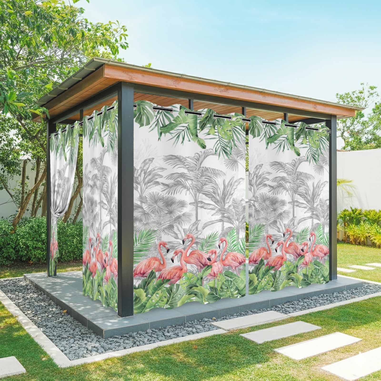 Summer Tropical Outdoor Curtains for Patio, Pink Flamingo Jungle Green Palm Leaves Grey Sunshade Privacy Drapes Grommet Waterproof Outside Curtains for Porch/Cabana/Balcony 54"x 108", 1 Panel