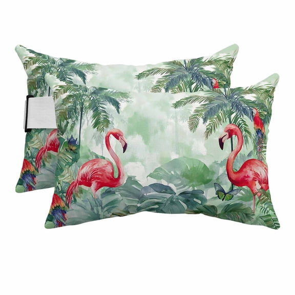 Summer Tropical Outdoor Pillows for Chaise Lounge Chair Beach Headrest Pillow Set of 2 Waterproof Lumbar Pillows with Insert&Strap Rustic Pink Flamingo Parrot Palm Trees Pool Pillow 12"x20"