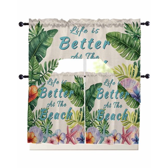Summer Tropical Palm Leaf Kitchen Curtains Sets 24 Inch Length with Valance, Floral Coastal Starfish Retro Swag Valances and Tiers Curtain Set Drapes Swag Curtains for Living Room, Bathroom, Bedroom