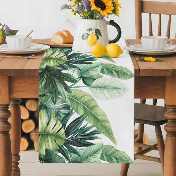 Summer Tropical Palm Leaf Table Runner 36 Inches Long, Modern Green Leaves Table Runners Tabletop Scarf Kitchen Dining Tables Decoration for Home Party Indoor Outdoor
