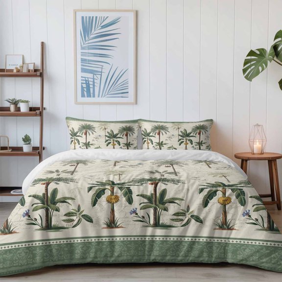 Summer Tropical Palm Tree California King Size Bed Set,Green Border Weathered Textures Bedding for All Seasons,4 Pcs Bed Set with 1 Quiltcover (96"x104"),1 Sheet (110"x98"),2 Pillowcases (20"x36")
