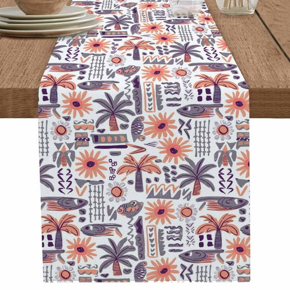 Summer Tropical Palm Tree Orange Flower Table Runner-70 Inch Long Abstract Fish Table Runners Linen Burlap Tablerunner for Kitchen Dining Room Holiday Party