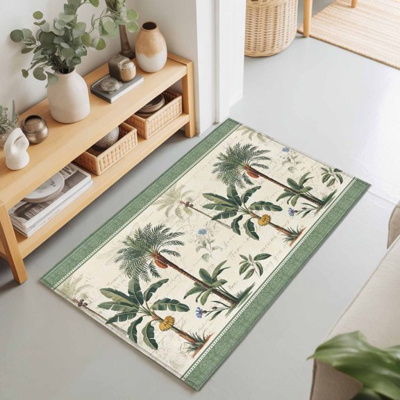 Summer Tropical Palm Tree Rectangle Area Rug 2x3ft,Living Room Rug Non-Slip Washable Circle Rugs Pad,Green Border Weathered Textures Soft Floor Carpet for Bedroom Dining Room