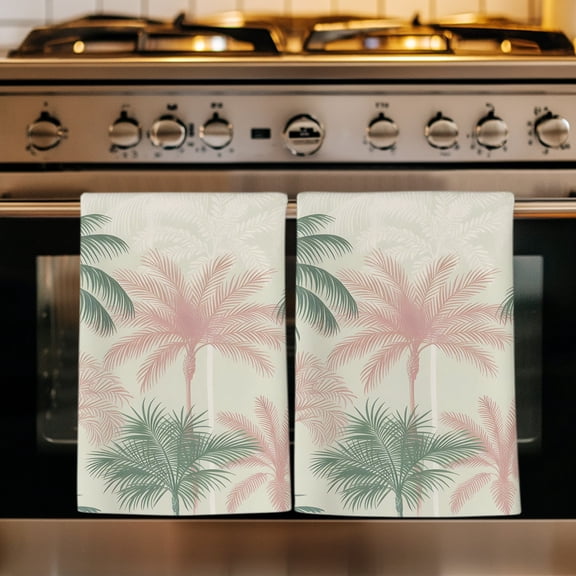 Summer Tropical Palm Trees Kitchen Towels Set of 4, Green Pink Plants Modern Absorbent Dish Towels for Kitchen, Microfiber Hand Towel, Quick Drying Tea Towel for Cleaning Decorative Dishcloths