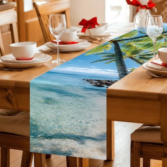 Summer Tropical Palm Trees Table Runner 36 Inches Long,Kitchen Dining Tablerunners Ocean Water Blue Sky Linen Table Runners Dresser Scarves for Home Dinner Wedding Holiday Party Decor