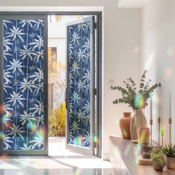 Summer Tropical Palm Trees Window Privacy Film, Rainbow Film Decorative Window Sticker 23.6x78.7in, Indigo Blue Background Sun Blocking Static Stained Glass Cling Tint Non-Adhesive