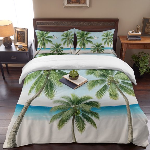Summer Tropical Palms Queen Size Bed Set,Beach Horizon Seagulls Bedding for All Seasons,4 Pcs Bed Set,1 Quiltcover (90"x90"),1 Sheet (90"x102"),2 Pillowcases (20"x30")
