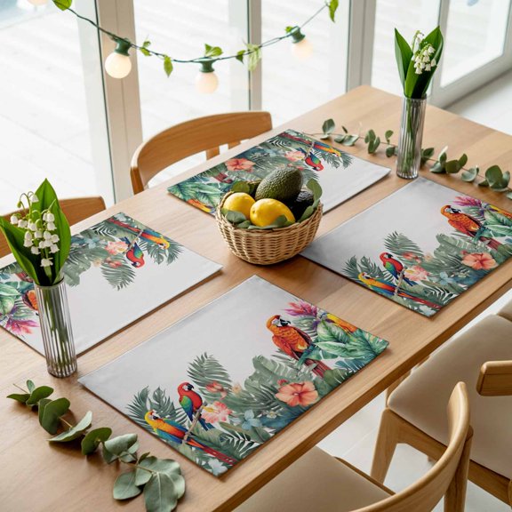 Summer Tropical Parrot Palm Leaf Placemats Set of 4,Wipeable Washable Table Mats for Dining Tables, Watercolor Floral Green Plants Place Mats for Kitchen Event Party Tabletop Decor