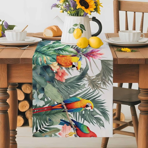 Summer Tropical Parrot Palm Leaf Table Runner 36 Inches Long, Watercolor Floral Green Plants Table Runners Tabletop Scarf Kitchen Dining Tables Decoration for Home Party Indoor Outdoor