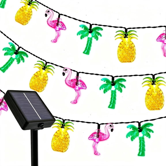 Summer Tropical Party Decorations Hawaiian String Lights, 30LED Flamingo Pineapple Palm Tree Solar String Lights Outdoor, Beach Themed for Pool, Love Island, Luau Party Decor