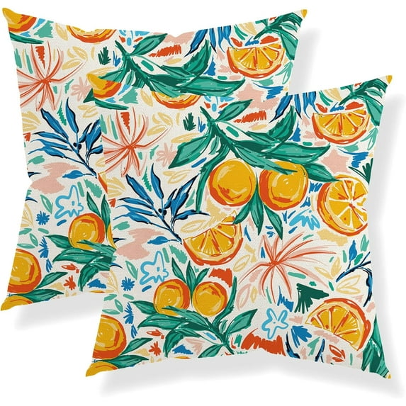 Summer Tropical Pillow Covers 18x18 Set of 2, Hawaiian Style Watercolor Orange Colorful Leaves Decor Outdoor Throw Pillows Fruits Plant Decorative Cushion Case for Home Couch Sofa