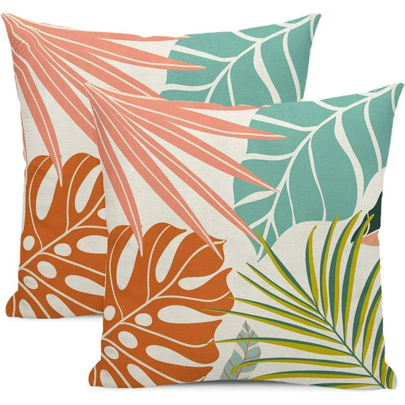 Summer Tropical Pillow Covers 18x18 Set of 2, Monstera Palm Leaf Pillowcase Green Orange Botanical Coral Summer Throw Pillows Outdoor Decor Farmhouse Cushion Case Linen Decorative for Home
