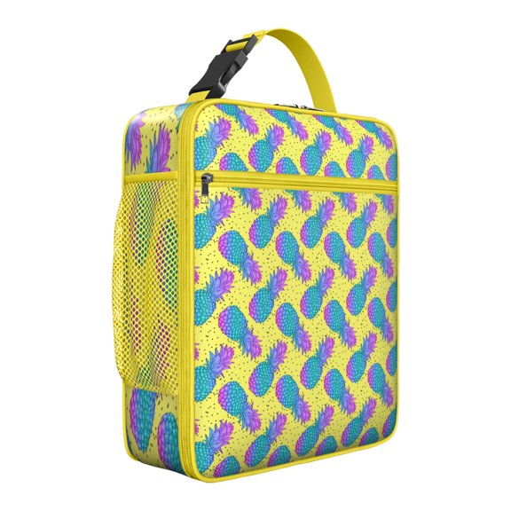 Summer Tropical Pineapple Insulated Lunch Bag – Cute Yellow Fruit Pattern with Exotic Flowers and Sunshine, Waterproof Thermal Bento Tote for School, Work, or Travel