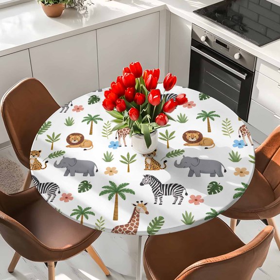 Summer Tropical Plant Animal Round Fitted Tablecloth with Elastic Edge,Waterproof Table Cloth Fits Tables Up to 36"-44",Wipeable Table Cover for Indoor Outdoor Dinning Party,Zebra Elephant Giraffe