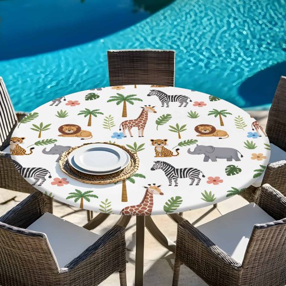 Summer Tropical Plant Animal Round Fitted Tablecloth with Elastic Edge,Waterproof Table Cloth Fits Tables Up to 45"-54",Wipeable Table Cover for Indoor Outdoor Dinning Party,Zebra Elephant Giraffe
