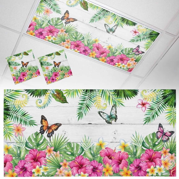 Summer Tropical Plant Fluorescent Light Covers Hibiscus Monstera Butterfly Wood Grain Magnetic Light Filters Ceiling Lighting Panel Shade for Classroom Office Home 2 x 4 ft, 2 Pack