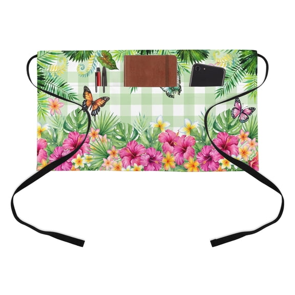 Summer Tropical Plant Half Waist Apron Hibiscus Monstera Butterfly Plaid Short Waiter Aprons with 3 Pockets for Women Men Kitchen Restaurant Cooking