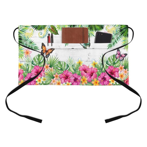 Summer Tropical Plant Half Waist Apron Hibiscus Monstera Butterfly Wood Grain Short Waiter Aprons with 3 Pockets for Women Men Kitchen Restaurant Cooking