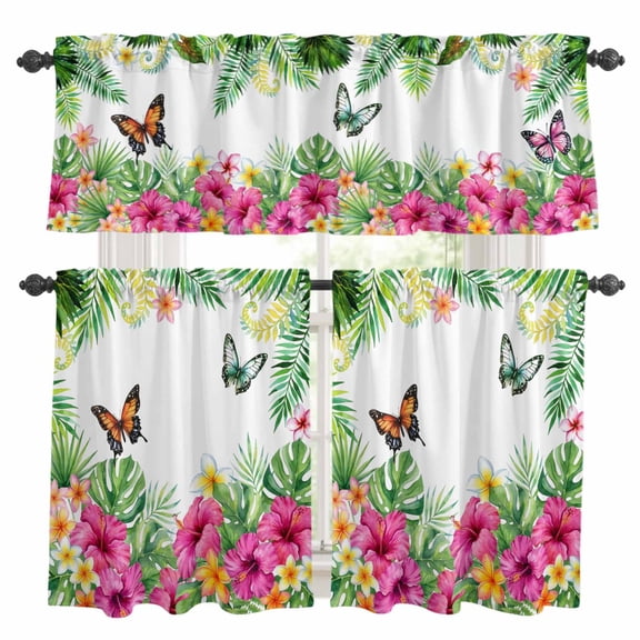 Summer Tropical Plant Kitchen Curtains Valances and Tiers Set of 3 Watercolor Hibiscus Monstera Butterfly Tier Curtains and Valance with Rod Pocket for Small Windows, 27.5"x24"