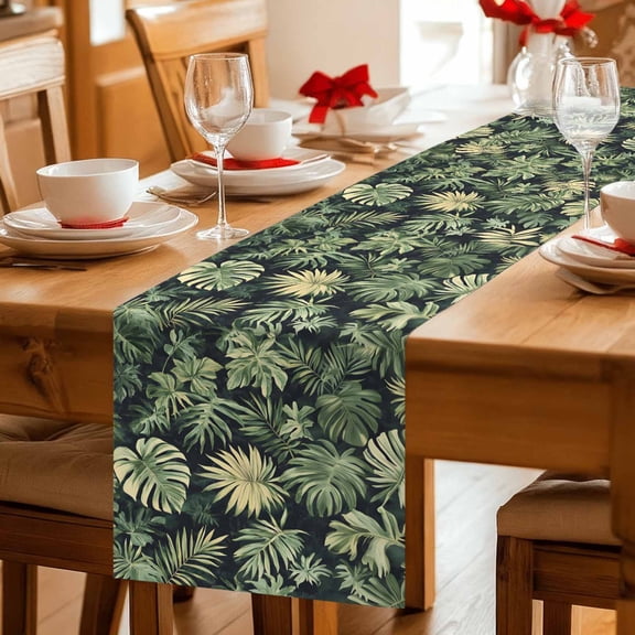 Summer Tropical Plant Monstera Leaf Table Runner 36 Inches Long,Kitchen Dining Tablerunners Watercolor Leaves Seamless Linen Table Runners Dresser Scarves for Home Dinner Wedding Holiday Party Decor