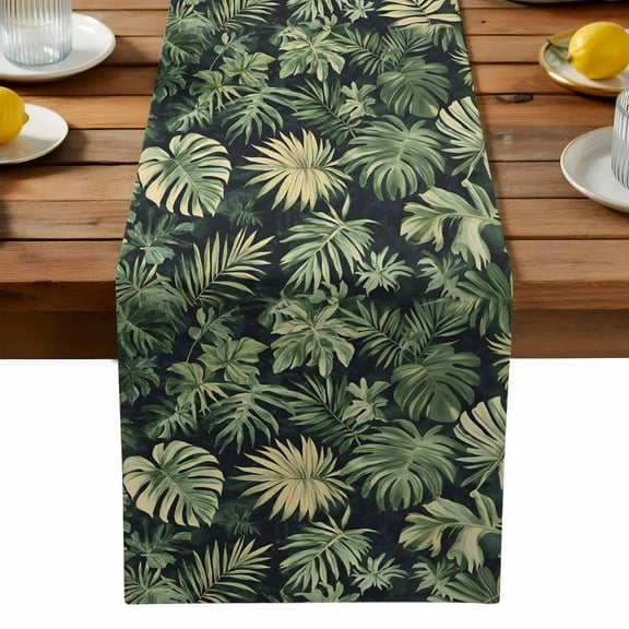 Summer Tropical Plant Monstera Leaf Table Runner Dresser Scarf,Kitchen Dining Table Decoration Watercolor Leaves Seamless Linen Table Runners for Home Wedding Indoor Outdoor Party,13x36in
