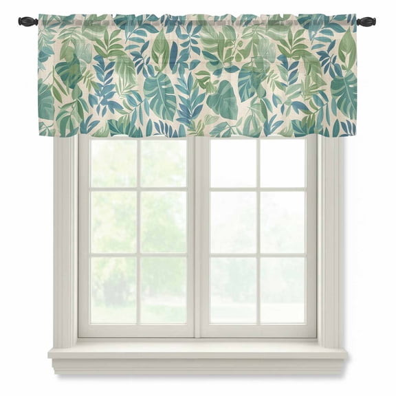 Summer Tropical Plant Semi Sheer Valance Curtains Blue Green Leaf Vintage Linen Voile Valances Curtain Rod Pocket Small Window Treatment for Kitchen Bathroom Cafe 42"x18"