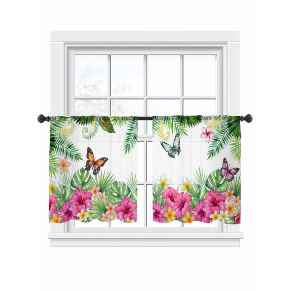 Summer Tropical Plant Sheer Curtains 2 Panels Set Watercolor Hibiscus Monstera Butterfly Sheer Window Curtains Light Filtering Rod Pocket Voile Drapes for Bedroom Living Room 52"x45"