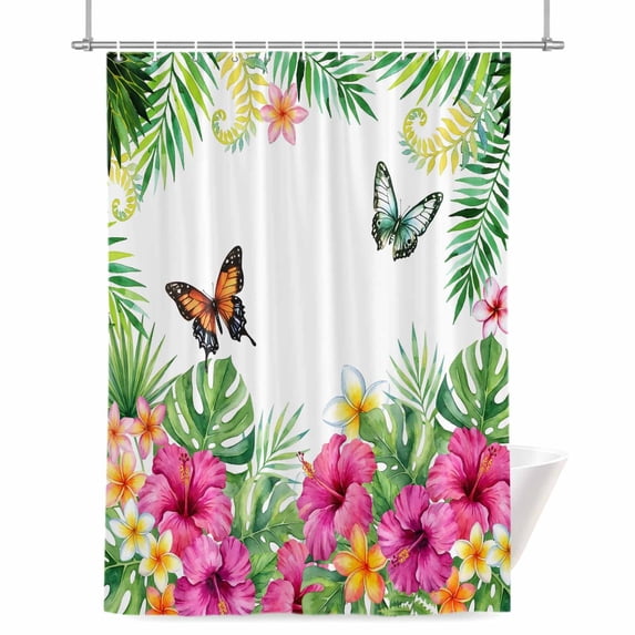 Summer Tropical Plant Shower Curtain, 36" x 72", Watercolor Hibiscus Monstera Butterfly Waterproof Bathroom Curtain Washable Shower Curtain Set with 12 Hooks