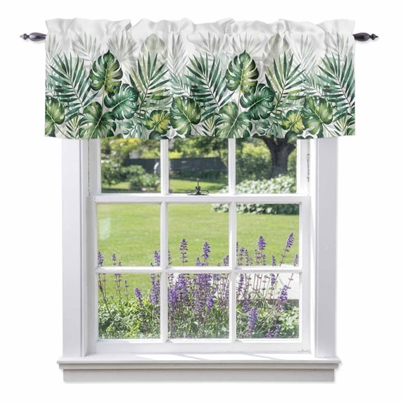 Summer Tropical Plant Valance Curtain Palm Leaf Watercolor Window Valances Rod Pocket Short Curtains Window Treatments for Kitchen Bedroom Bathroom Laundry 42" x 12"