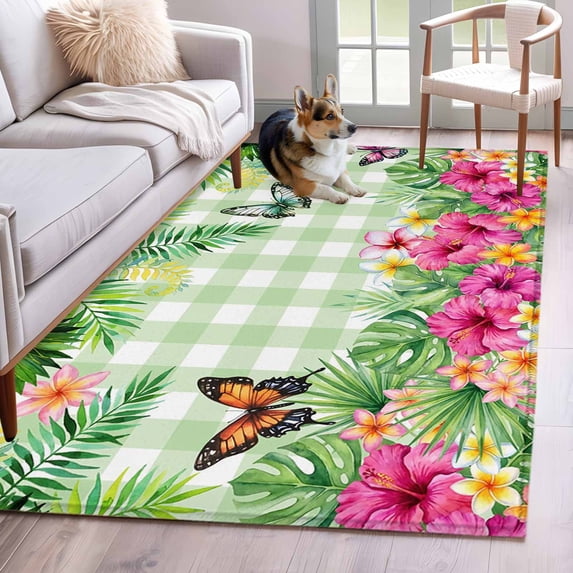 Summer Tropical Plant Washable Area Rugs 3'x5', Hibiscus Monstera Butterfly Plaid Low Pile Throw Living Room Rug Non-Slip Sturdy Edge Binding Carpet for Indoor Entryway Bedside Kitchen