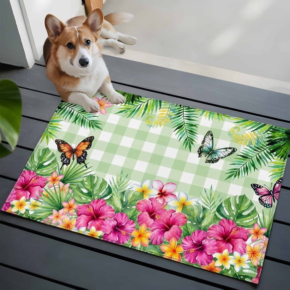 Summer Tropical Plant Washable Entry Rug 2x3 Hibiscus Monstera Butterfly Plaid Low Pile Indoor Door Mat with Rubber Backing Thin Area Rug for for Entrance, Bedroom, Kitchen, Laundry, Bathroom