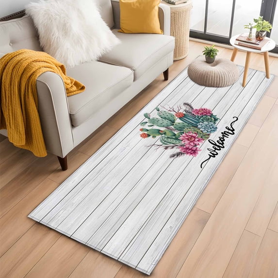Summer Tropical Plants 2'x6' Runner Rugs for Hallway Kitchen Bedside Non Slip Washable, Farmhouse Cactus Wooden Grain Entryway Rug Runners with Rubber Backing, Long Carpet Runner for Laundry Room